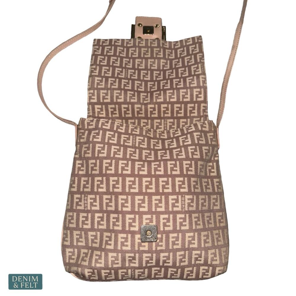 Fendi Zucchino Pink Canvas Crossbody Bag Beige FF Logo Leather Trim Purse - Picture 9 of 16
